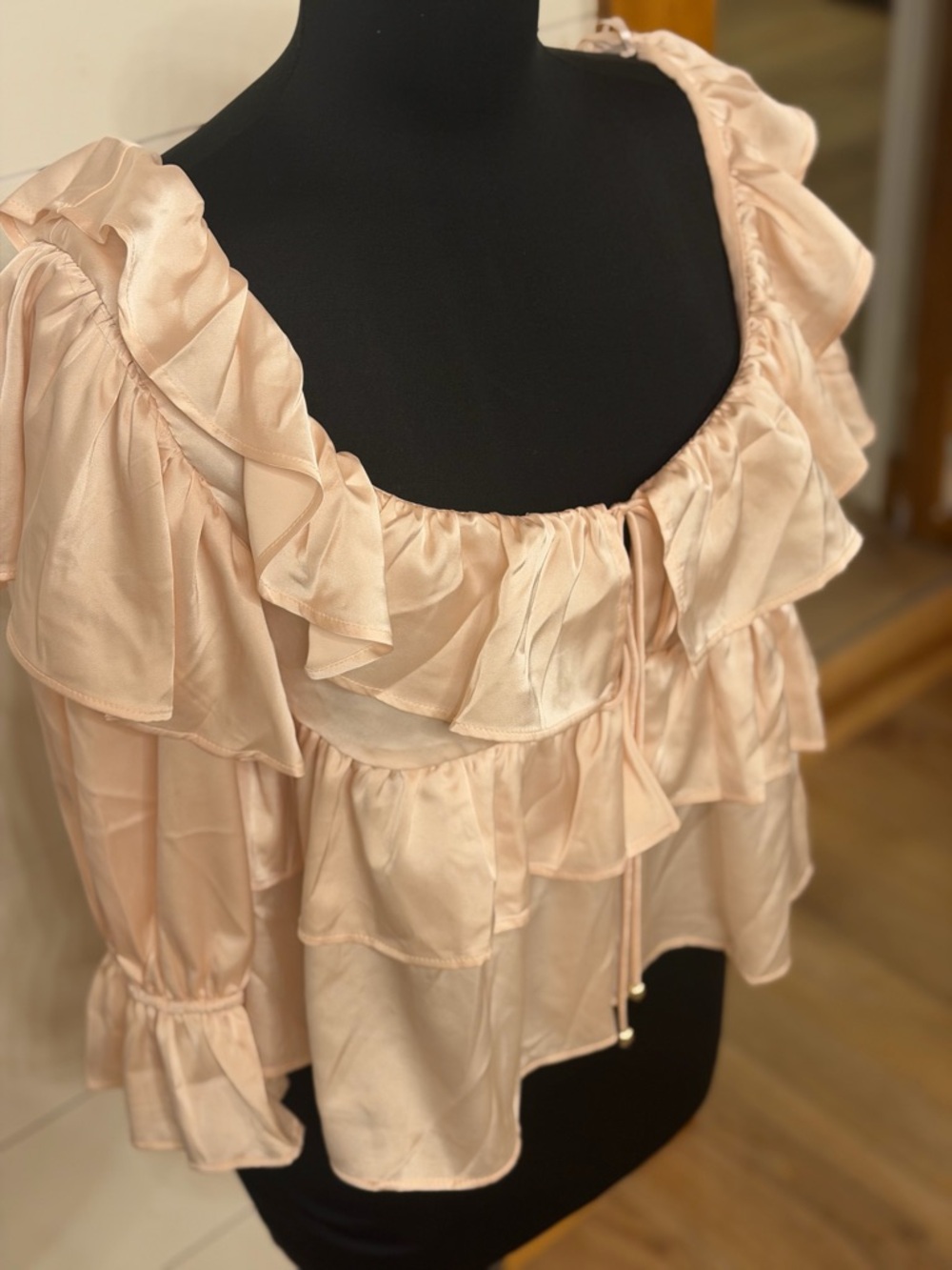 Francesca's Collections Blush Satin Ruffle Tie-Front Top